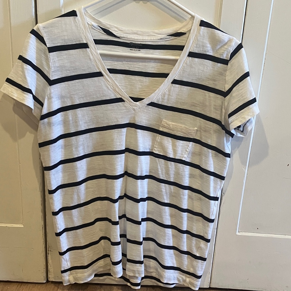 Madewell White V-Neck Short Sleeve Tee with Black Stripes
